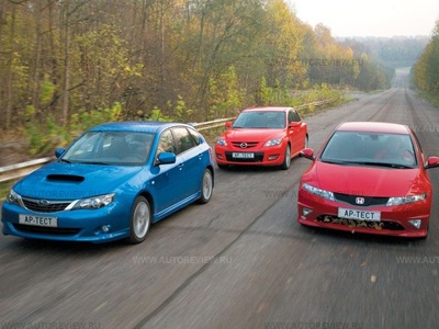 Subaru Impreza WRX, Mazda 3 MPS, Honda Civic Type R. Фото Михаила Крюкова с сайта autoreview.ru. Subaru Impreza WRX, Mazda 3 MPS, Honda Civic Type R. Фото Михаила Крюкова с сайта autoreview.ru.